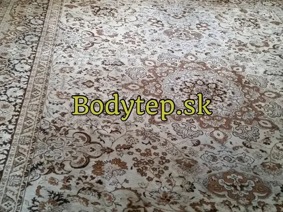 Čistenie koberca v Bratislave s orientálnym vzorom: svetlý koberec s hnedým ornamentom a širokou bordúrou pri radiátore
